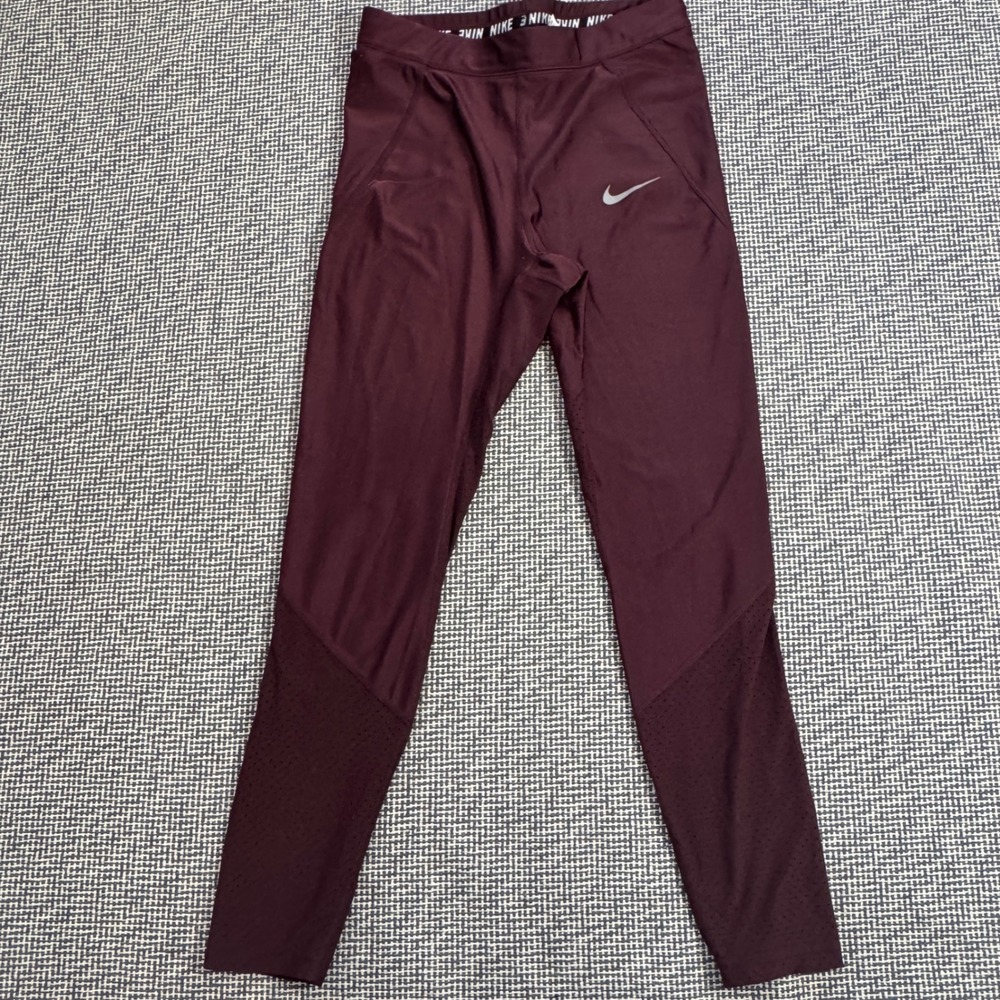Nike Dri-FIT Running Leggings Burgundy Mesh Panel Pockets Womens Medium